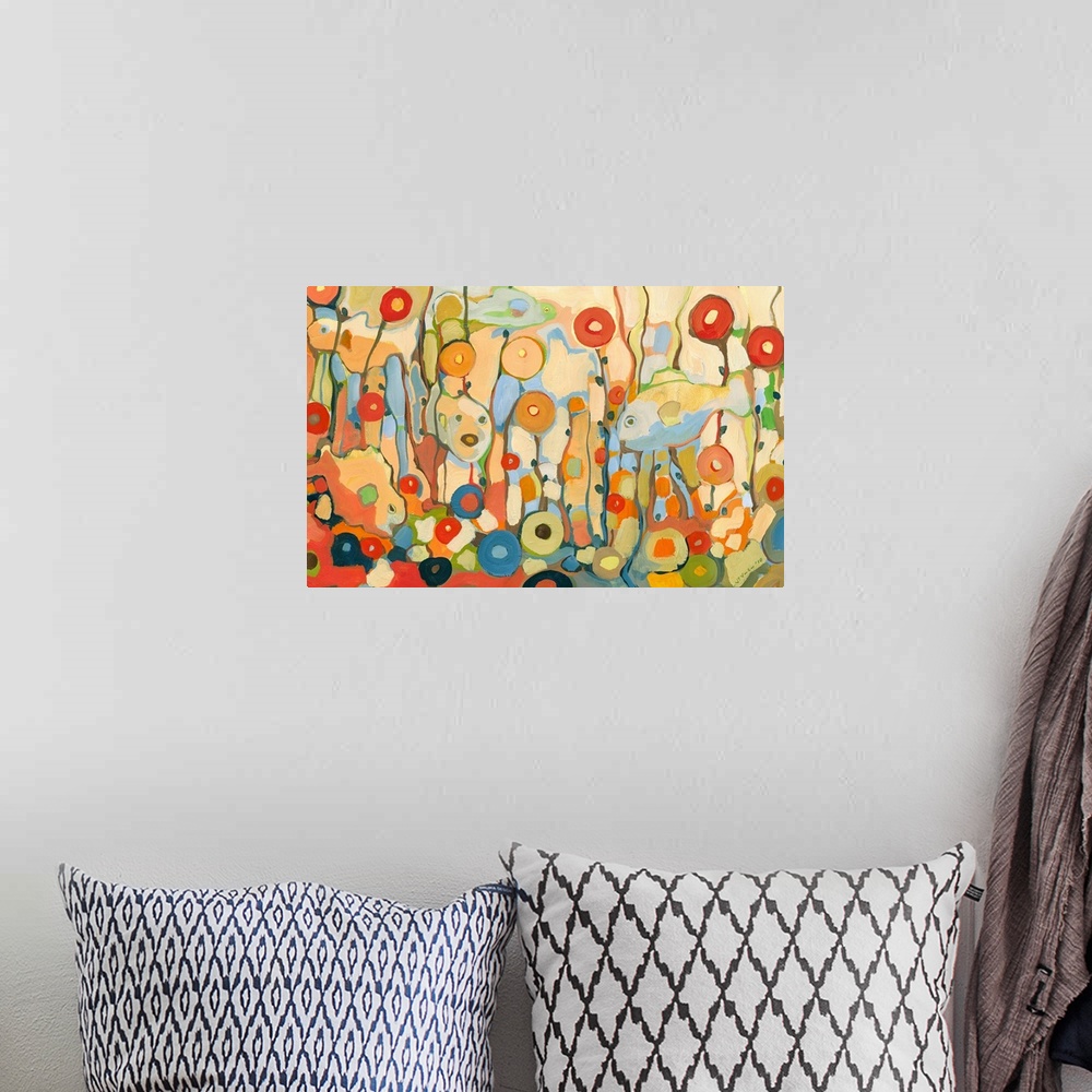A bohemian room featuring Large contemporary art showcases five rockfish hiding in a garden of undersea poppy flowers.  Art...
