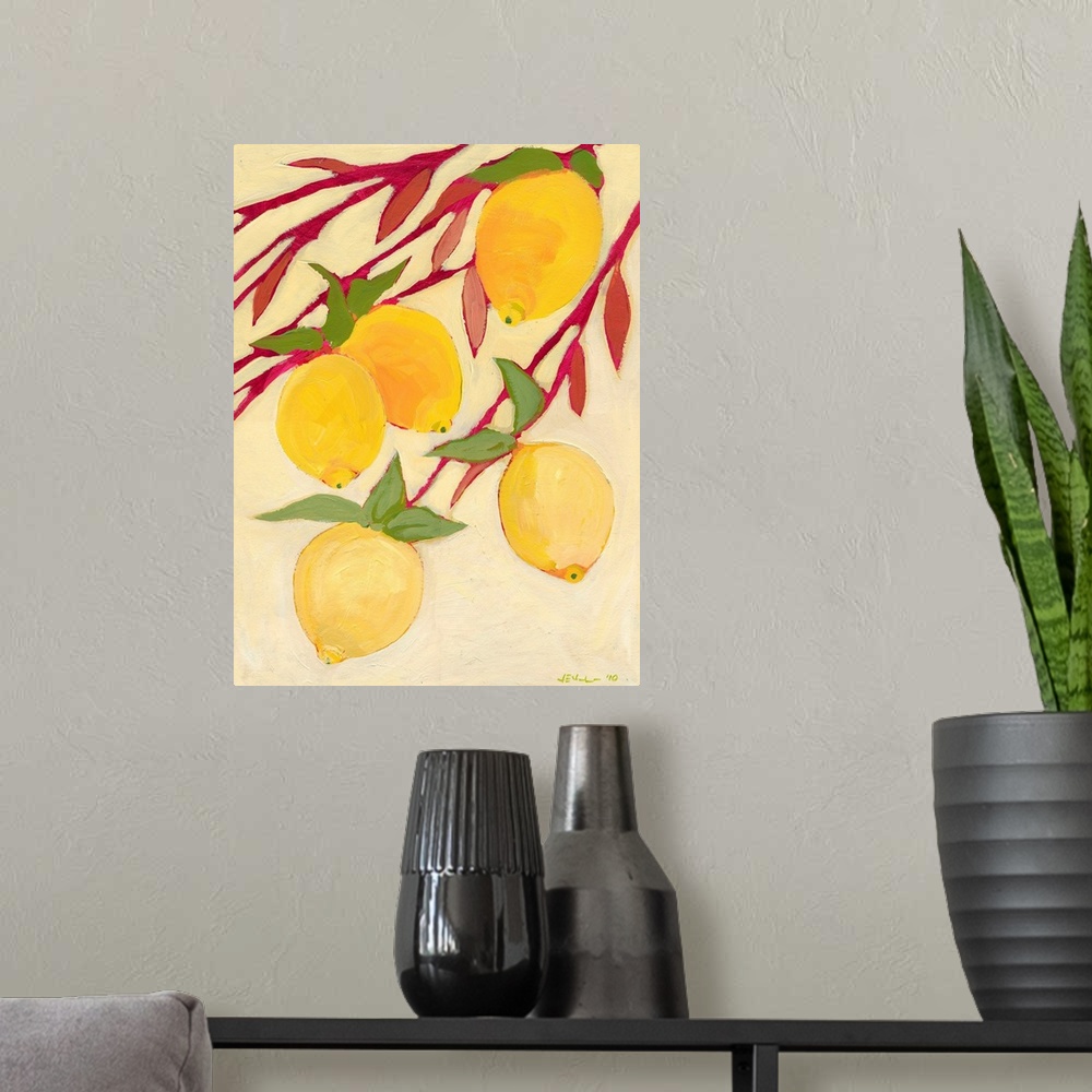 A modern room featuring Fine art painting of five brightly colored lemons hanging off a tree branch. Vibrant colors domin...