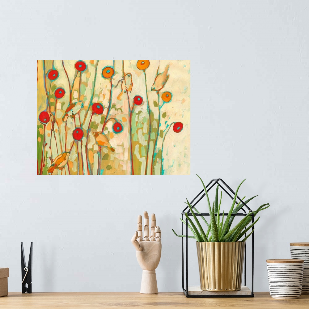 A bohemian room featuring Huge contemporary floral art displays five birds sitting amongst a group of poppy flowers.  Artis...