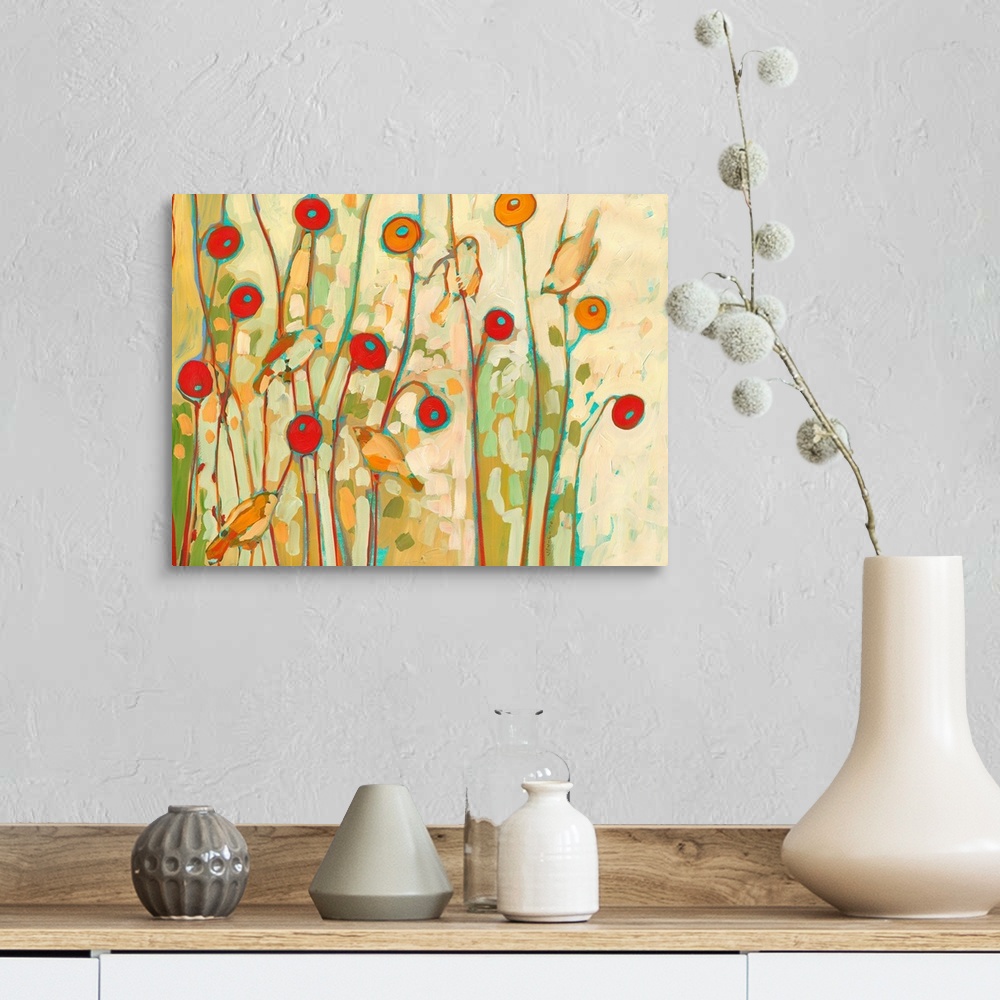 A farmhouse room featuring Huge contemporary floral art displays five birds sitting amongst a group of poppy flowers.  Artis...