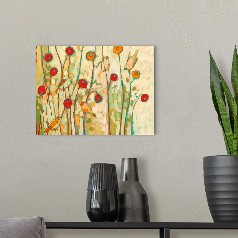 A modern room featuring Huge contemporary floral art displays five birds sitting amongst a group of poppy flowers.  Artis...
