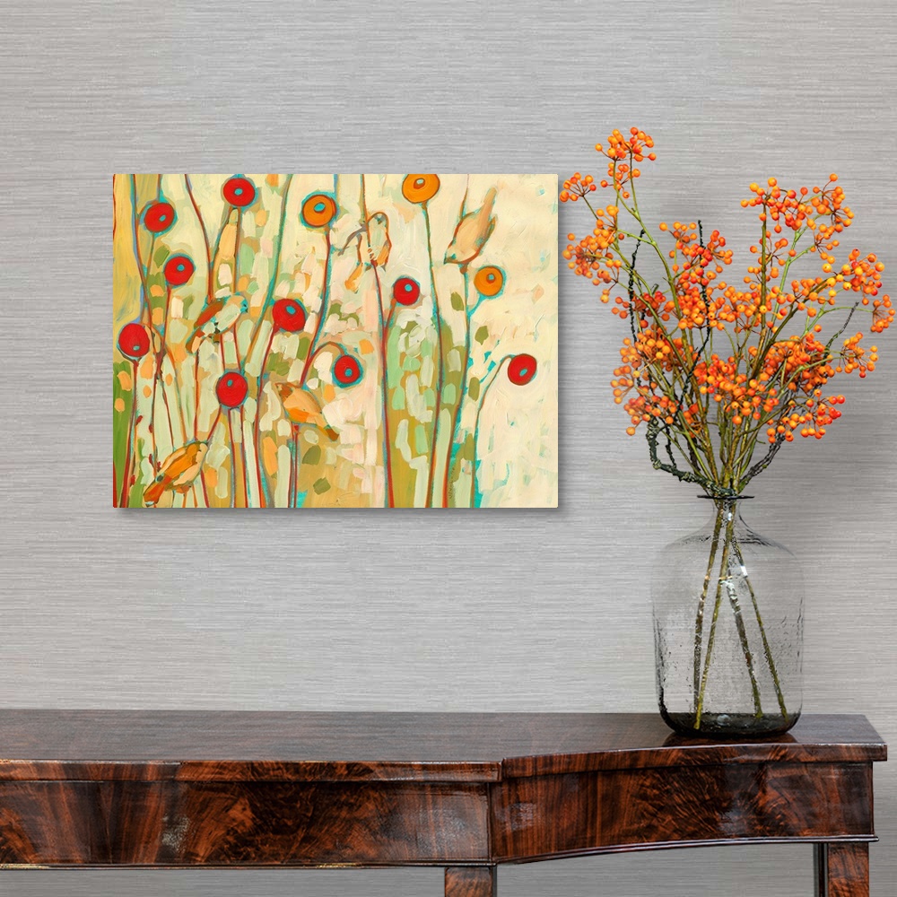 A traditional room featuring Huge contemporary floral art displays five birds sitting amongst a group of poppy flowers.  Artis...