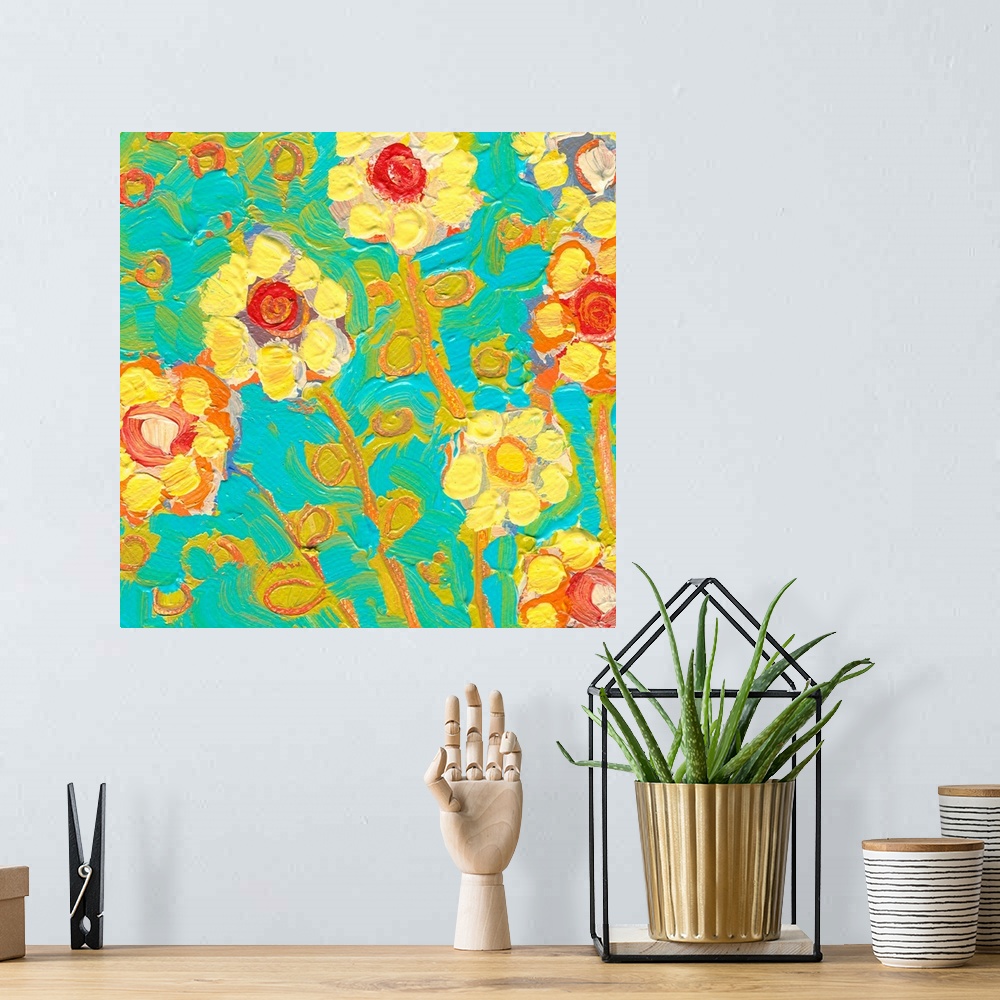 A bohemian room featuring Large painting of yellow flowers with a teal background. Brushstrokes are applied in various dire...