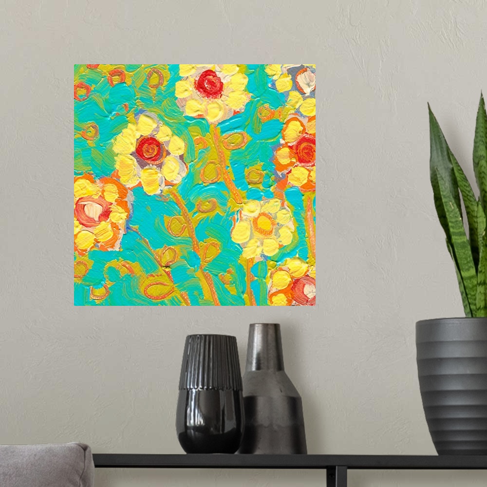 A modern room featuring Large painting of yellow flowers with a teal background. Brushstrokes are applied in various dire...