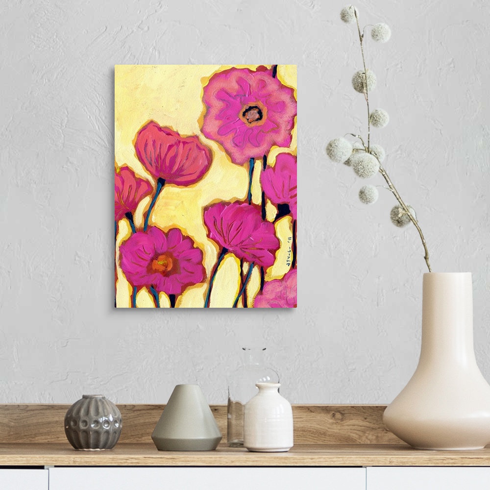 A farmhouse room featuring Contemporary abstract  painting of flower blossoms on bright background.