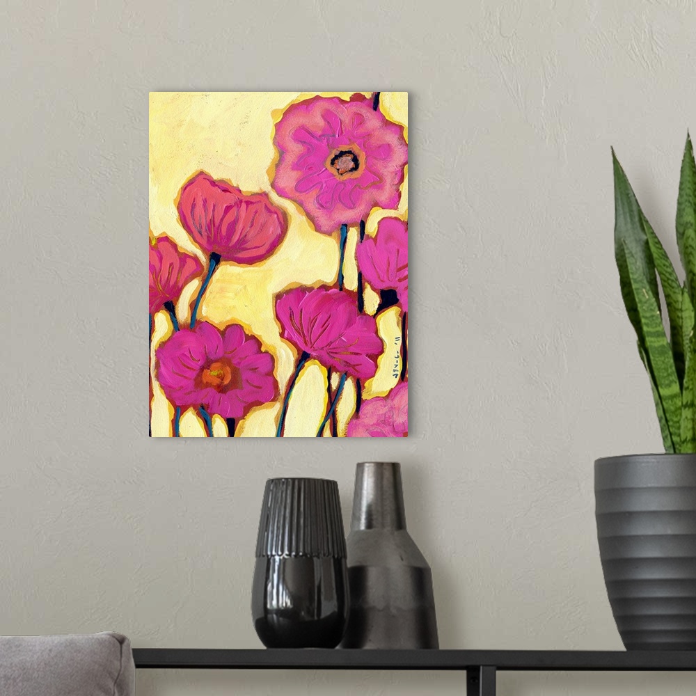 A modern room featuring Contemporary abstract  painting of flower blossoms on bright background.