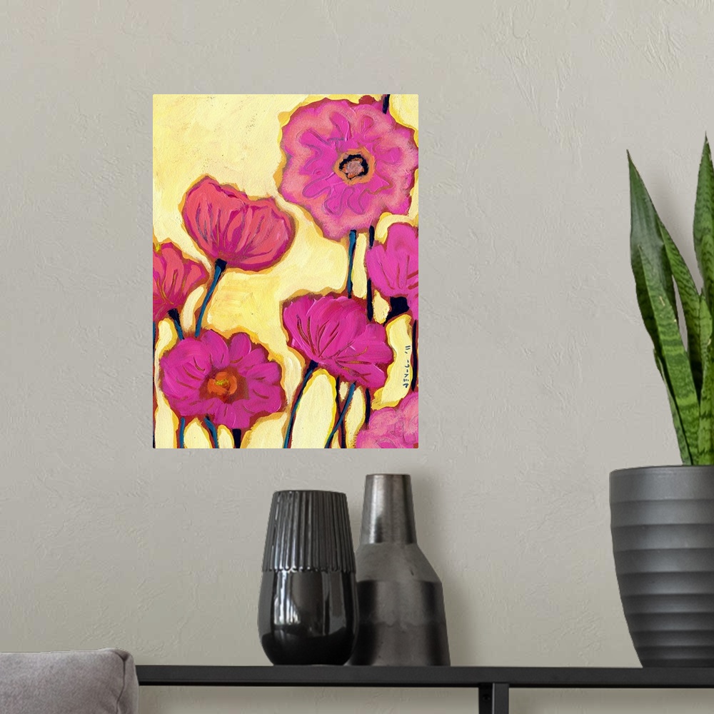 A modern room featuring Contemporary abstract  painting of flower blossoms on bright background.