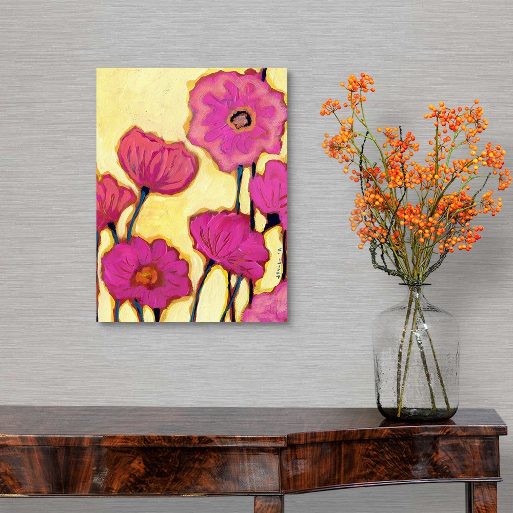 A traditional room featuring Contemporary abstract  painting of flower blossoms on bright background.
