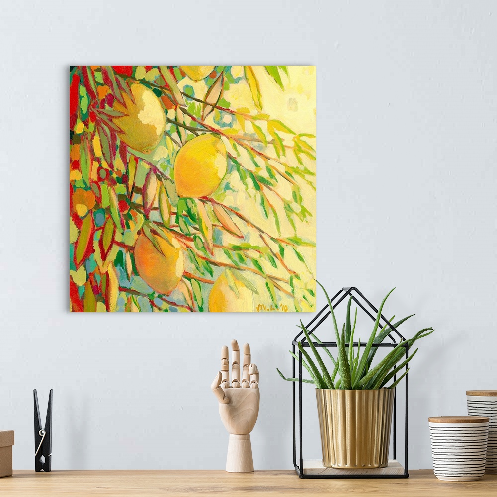 A bohemian room featuring Up close painting of a lemon tree showing branches, colorful leaves, and hanging lemons.