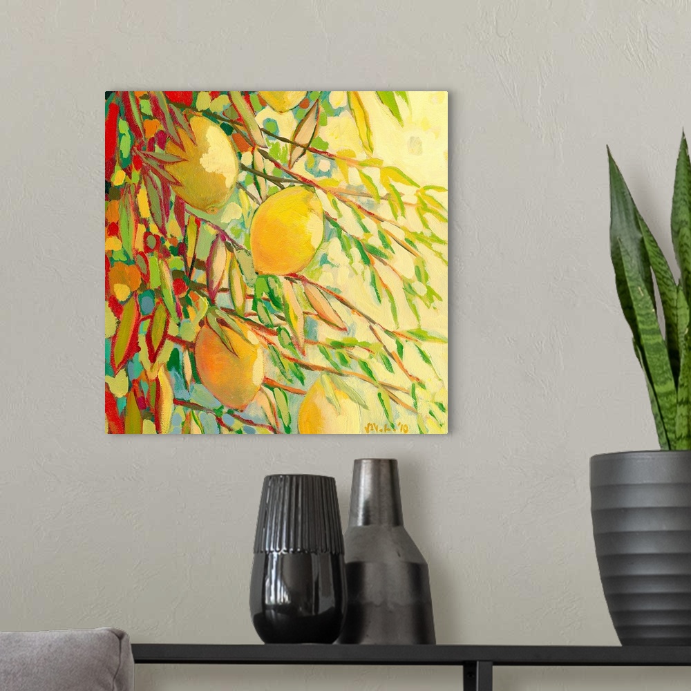 A modern room featuring Up close painting of a lemon tree showing branches, colorful leaves, and hanging lemons.