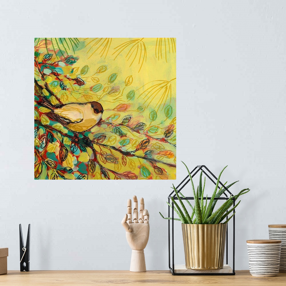 A bohemian room featuring Large contemporary art displays a bird sitting on a tree branch during a sunny day.  Artist heavi...