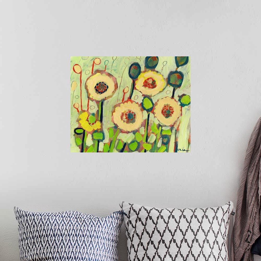 A bohemian room featuring Colorful wall art painting of blooming flowers in a garden.