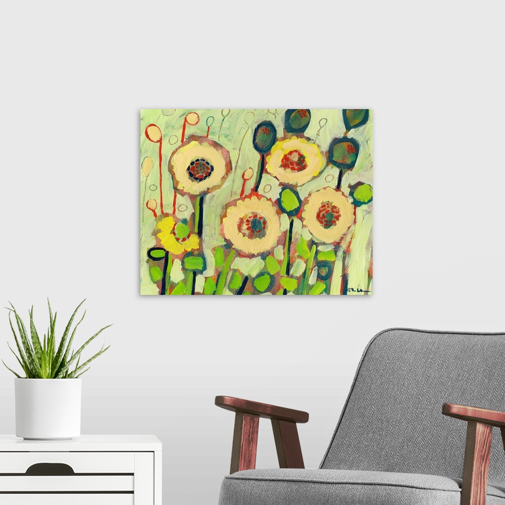 A modern room featuring Colorful wall art painting of blooming flowers in a garden.