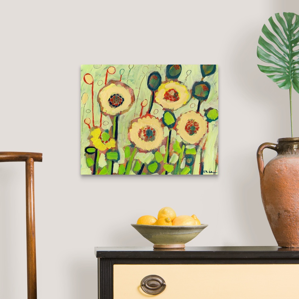 A traditional room featuring Colorful wall art painting of blooming flowers in a garden.