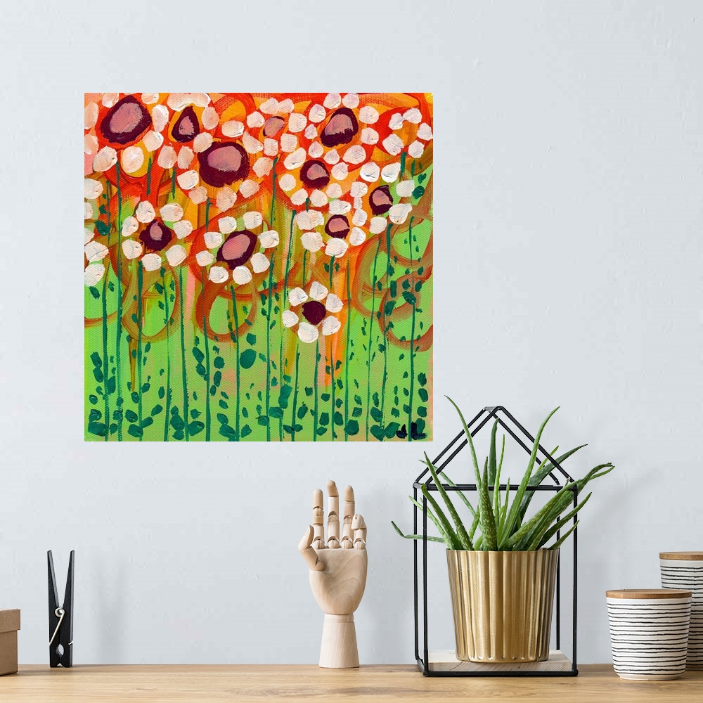 A bohemian room featuring Contemporary painting of tall standing flowers.  The flowers were created using primitive like ma...