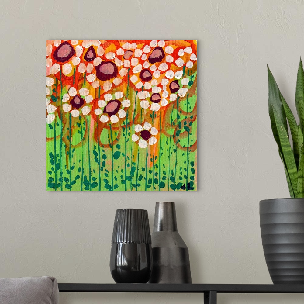 A modern room featuring Contemporary painting of tall standing flowers.  The flowers were created using primitive like ma...