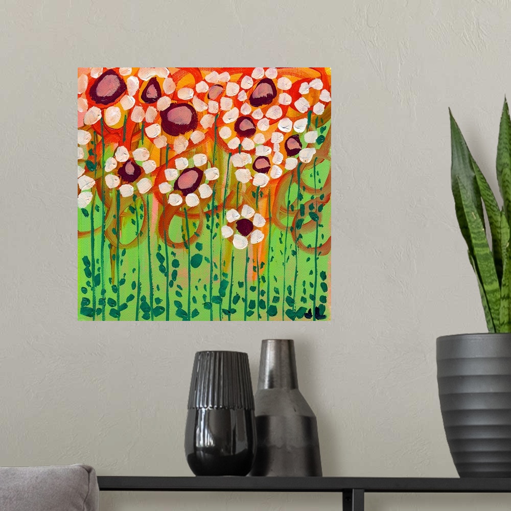 A modern room featuring Contemporary painting of tall standing flowers.  The flowers were created using primitive like ma...