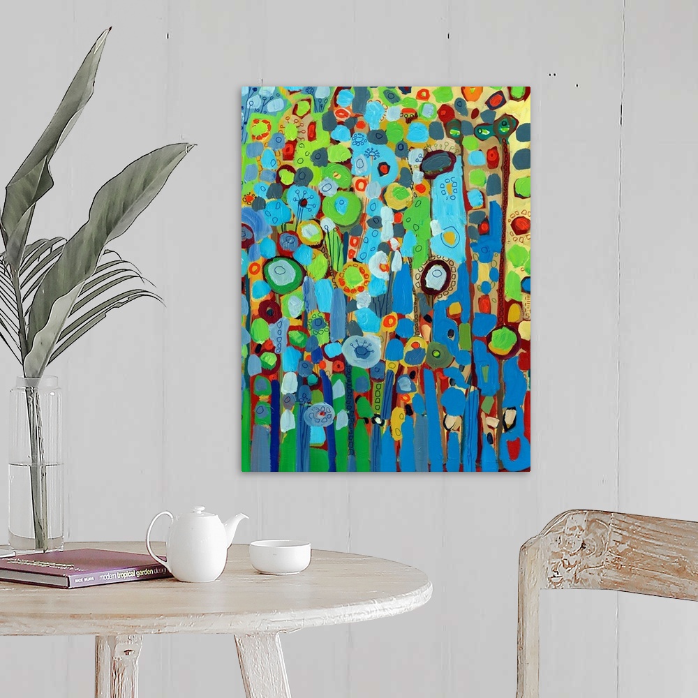 A farmhouse room featuring Large portrait abstract painting of a variety of circular flowers growing vertically in mainly co...