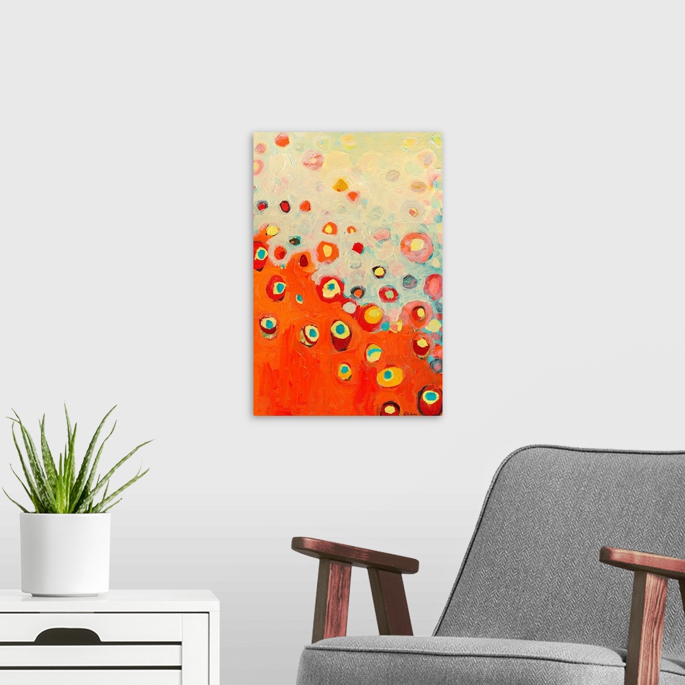 A modern room featuring Vertical abstract painting from the Growing in the Valley series of floral images, with circular ...