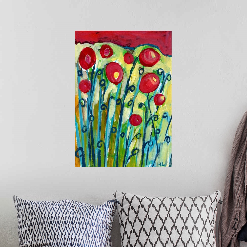 A bohemian room featuring This large vertical painting shows long flowers sprouting from the ground with red tops.