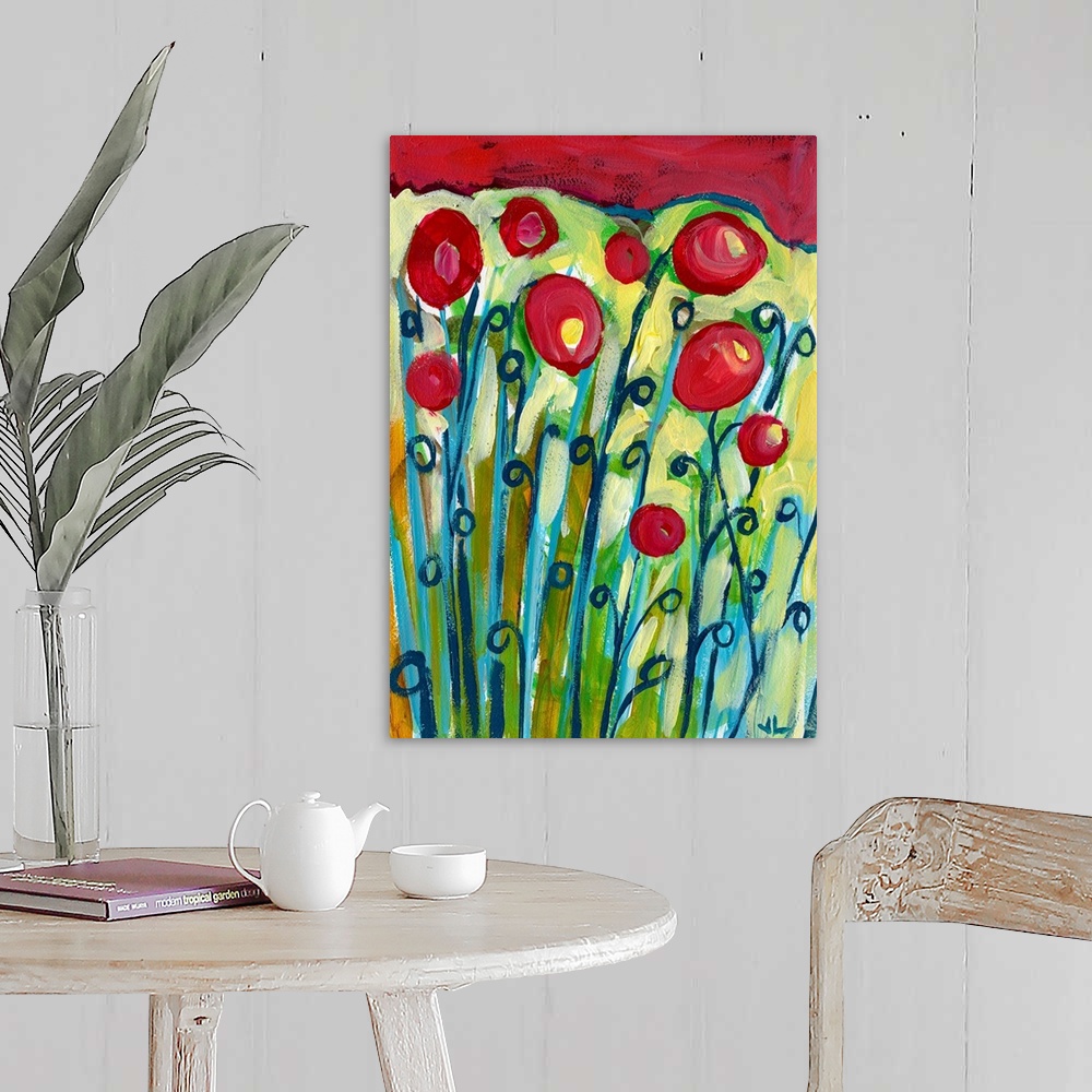 A farmhouse room featuring This large vertical painting shows long flowers sprouting from the ground with red tops.
