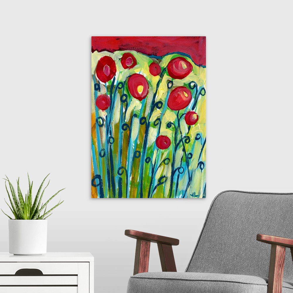 A modern room featuring This large vertical painting shows long flowers sprouting from the ground with red tops.