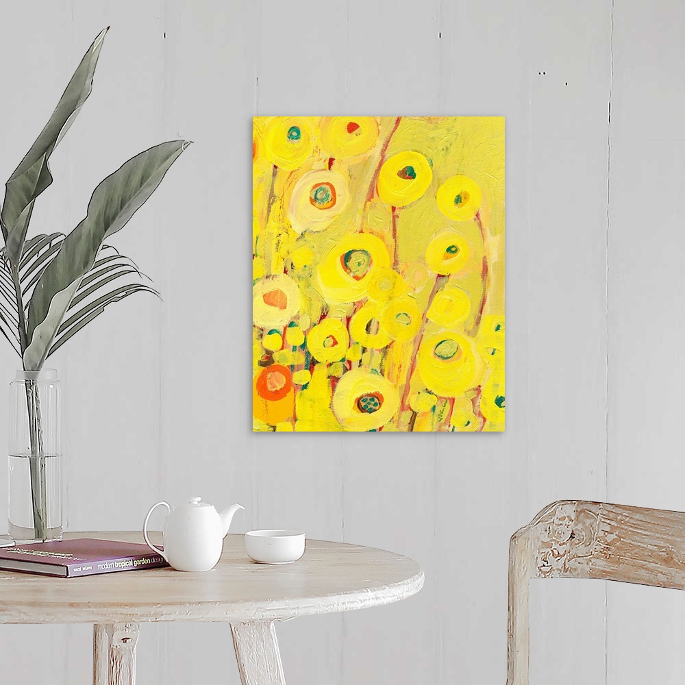 A farmhouse room featuring Contemporary painting of many brightly colored flowers, painted with heavily textured brushstrokes.