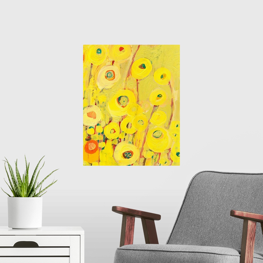 A modern room featuring Contemporary painting of many brightly colored flowers, painted with heavily textured brushstrokes.