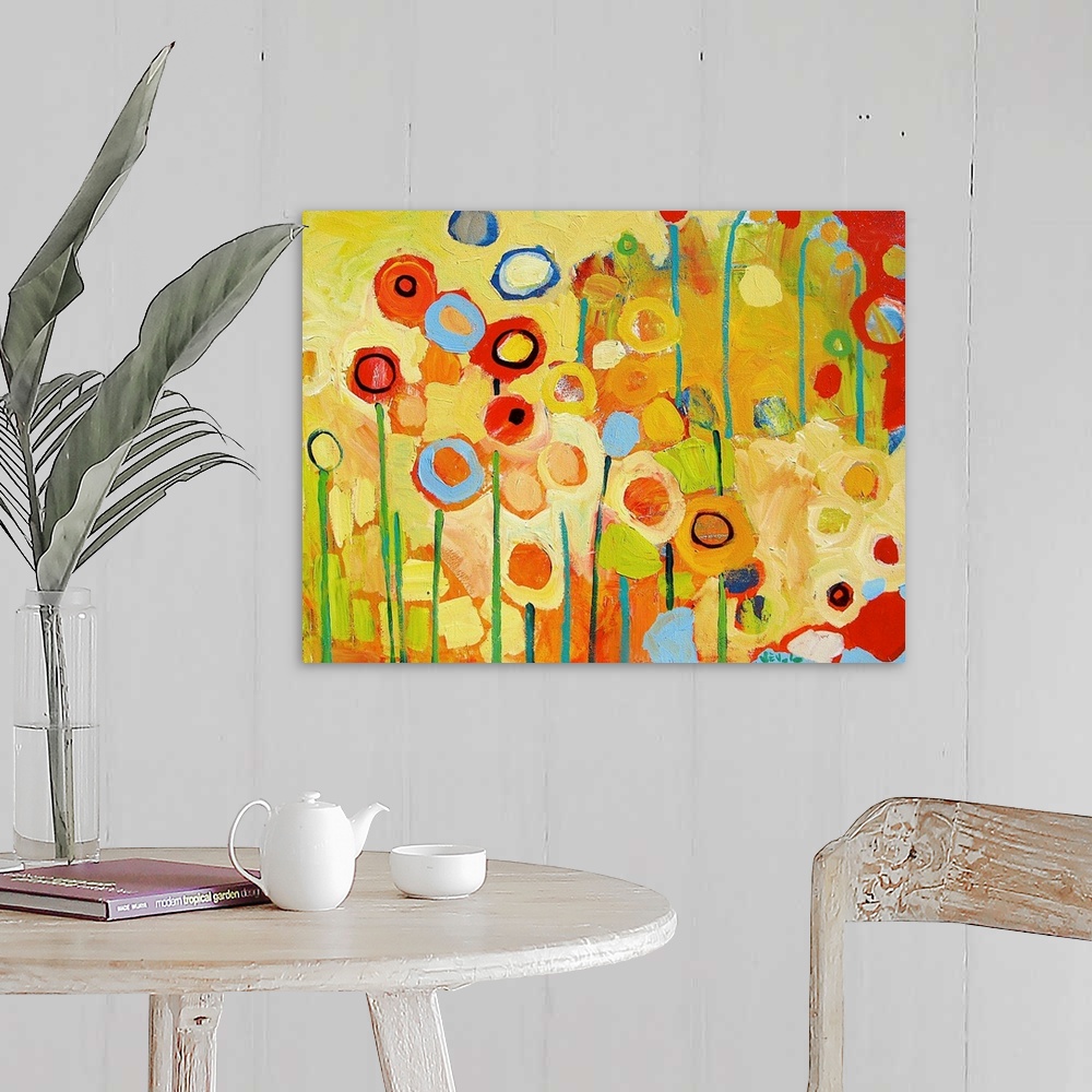 A farmhouse room featuring An abstract still life of colorful circles and lines representing flowers and stems.
