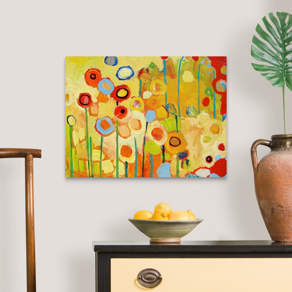A traditional room featuring An abstract still life of colorful circles and lines representing flowers and stems.