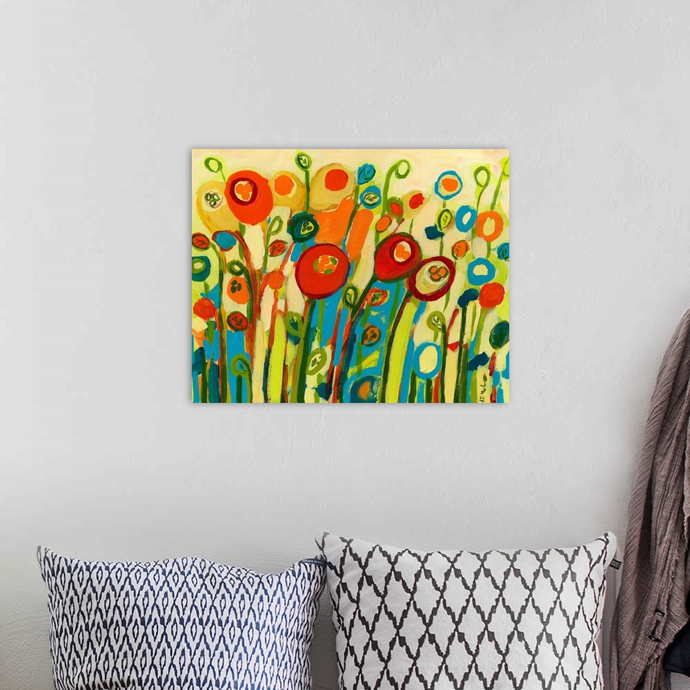 A bohemian room featuring Large contemporary art showcases a colorful arrangement of poppy flowers and buds.  Artists uses ...