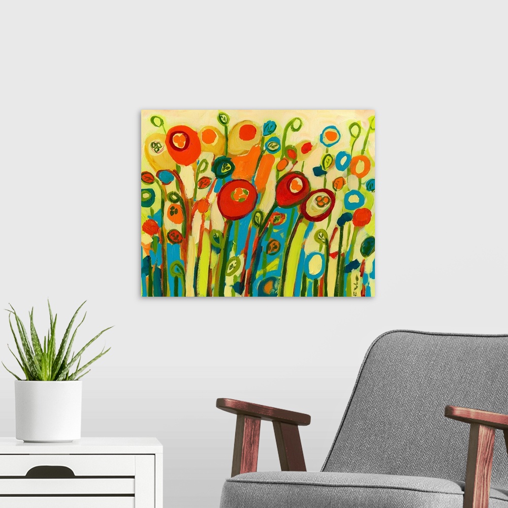A modern room featuring Large contemporary art showcases a colorful arrangement of poppy flowers and buds.  Artists uses ...
