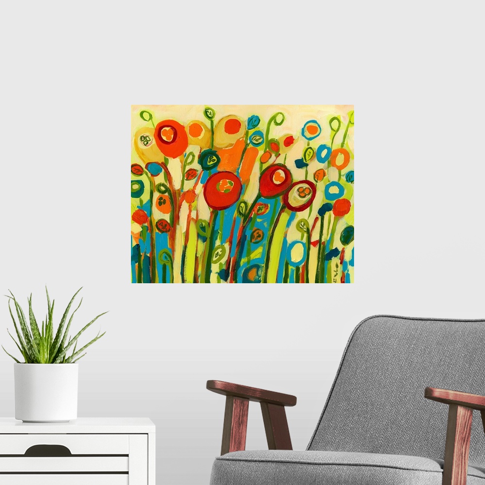 A modern room featuring Large contemporary art showcases a colorful arrangement of poppy flowers and buds.  Artists uses ...