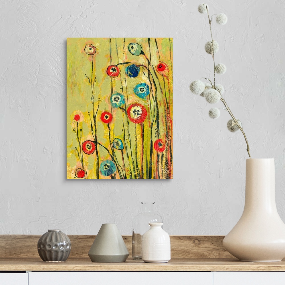 A farmhouse room featuring Abstract painting of circular flowers with long stems on a background with noticeable paint strokes.