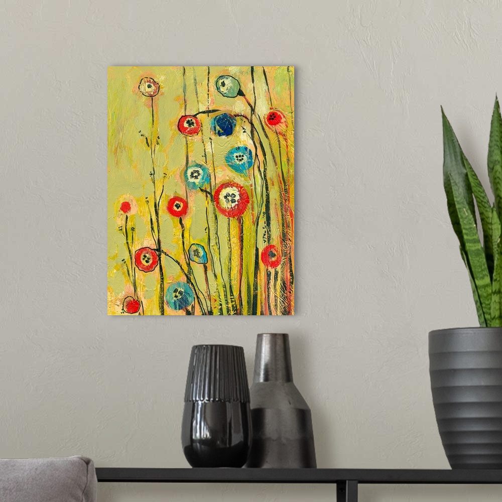 A modern room featuring Abstract painting of circular flowers with long stems on a background with noticeable paint strokes.