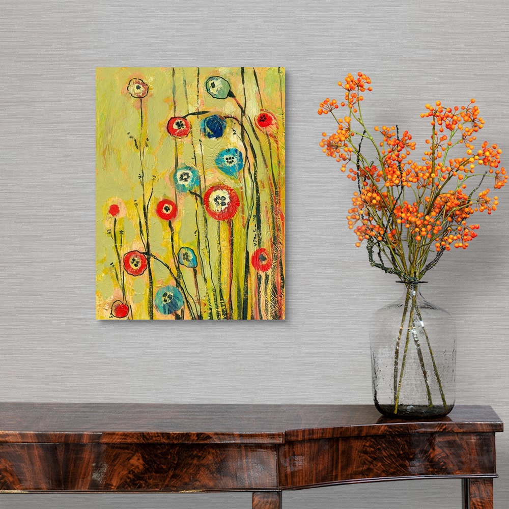 A traditional room featuring Abstract painting of circular flowers with long stems on a background with noticeable paint strokes.