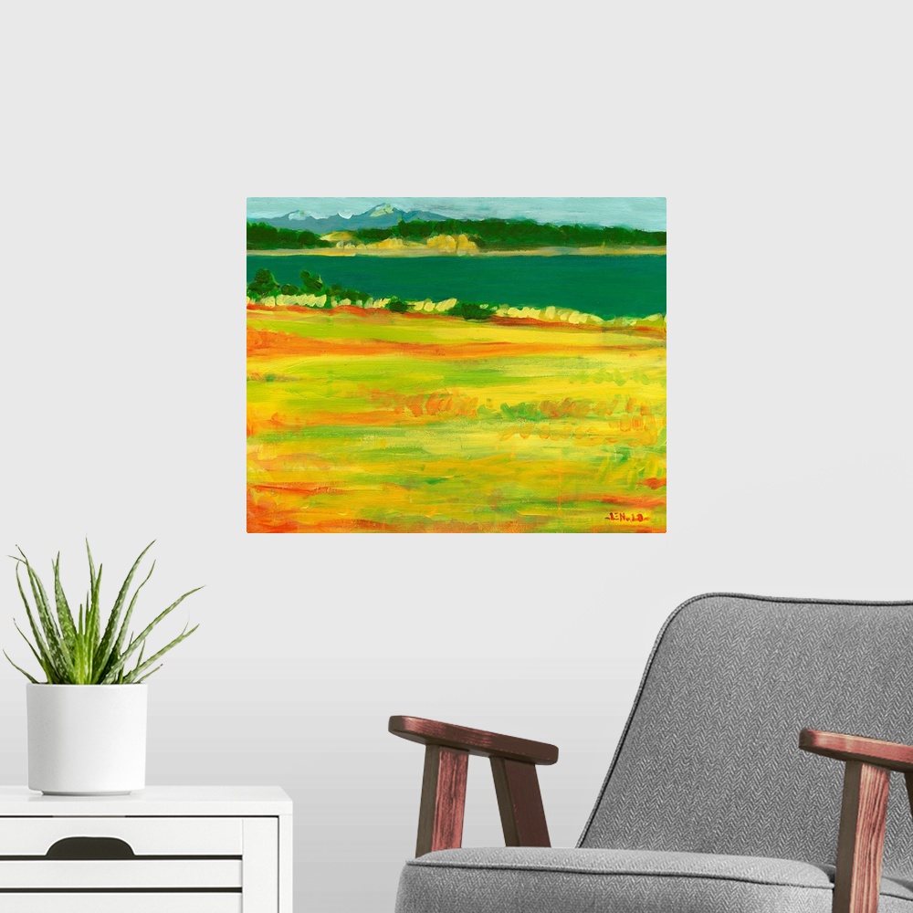 A modern room featuring A contemporary painting with a view to the mountains across a grassy field and body of water.