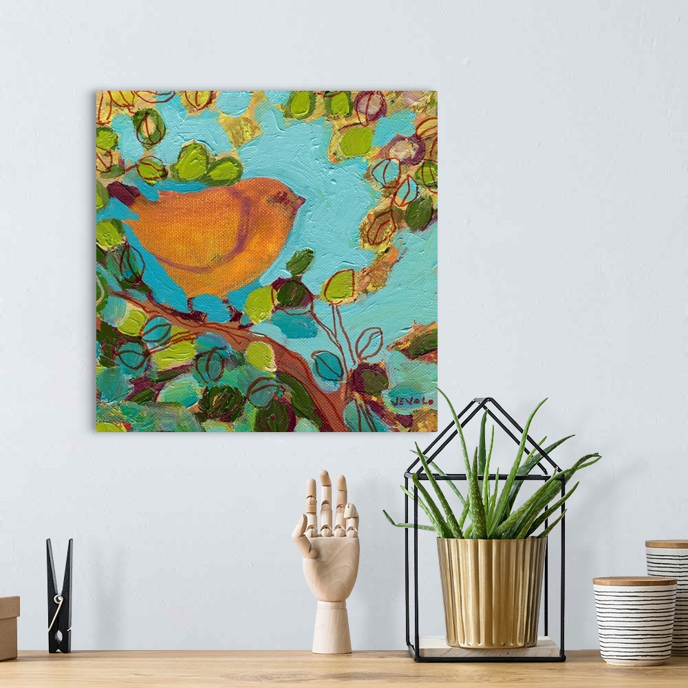 A bohemian room featuring Big contemporary art showcases a bird sitting on the branch of a tree.  Artist uses lots of ovals...