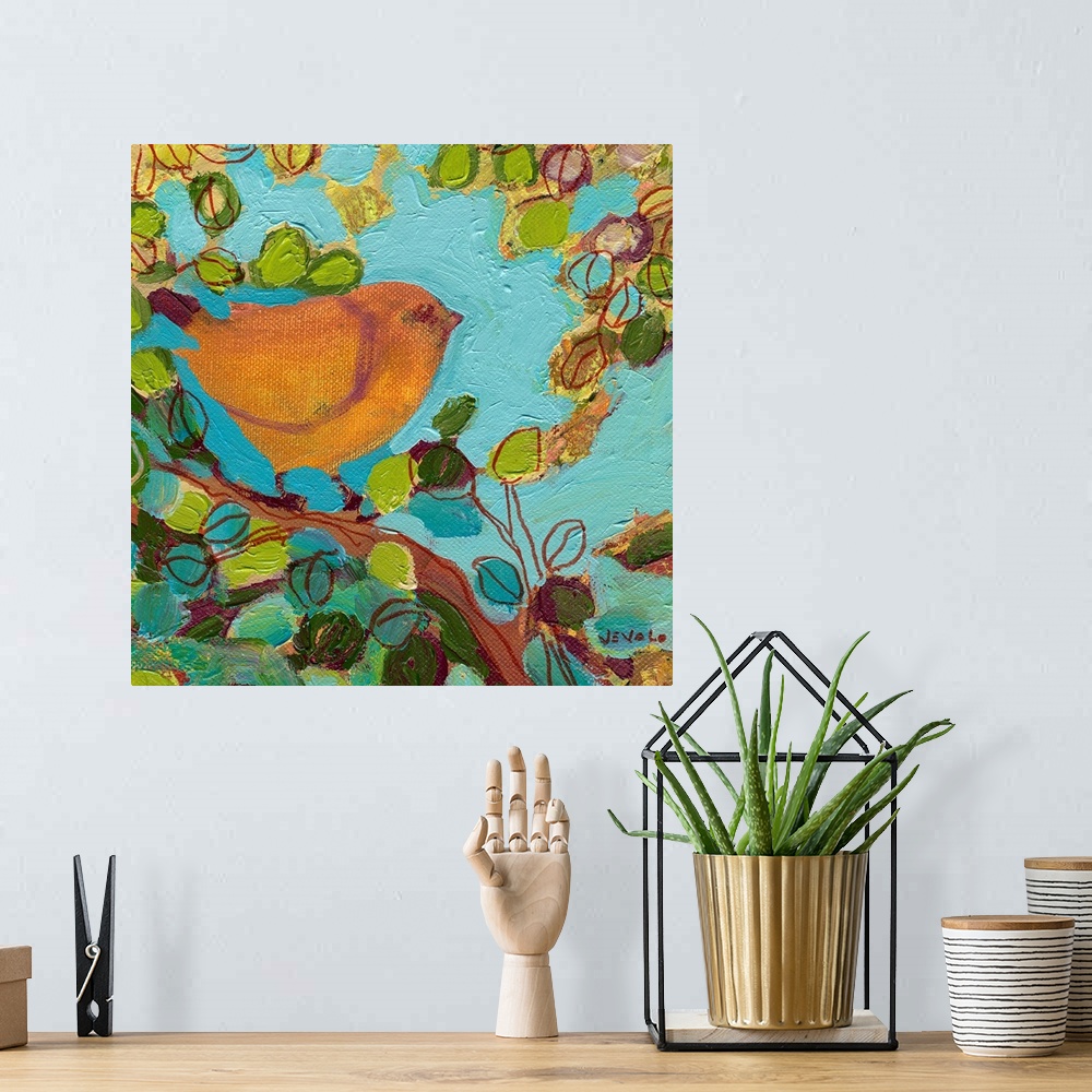 A bohemian room featuring Big contemporary art showcases a bird sitting on the branch of a tree.  Artist uses lots of ovals...