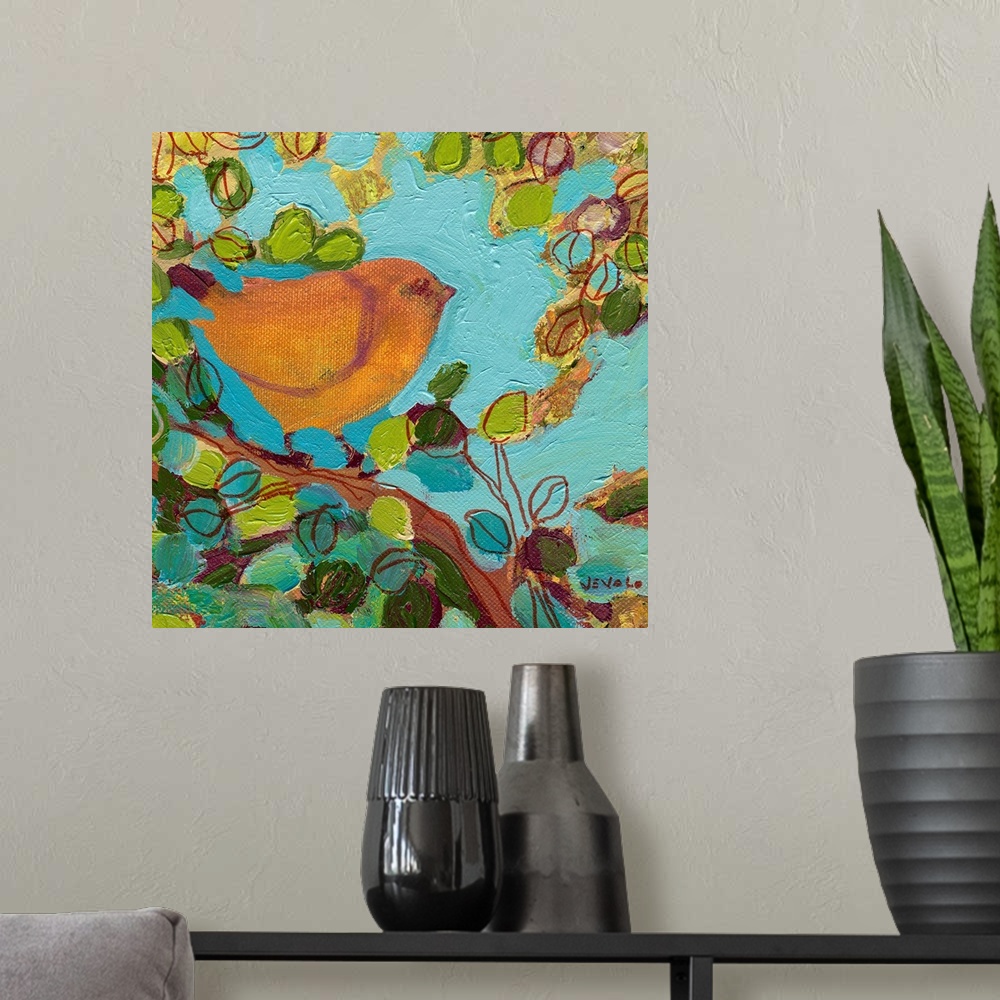 A modern room featuring Big contemporary art showcases a bird sitting on the branch of a tree.  Artist uses lots of ovals...