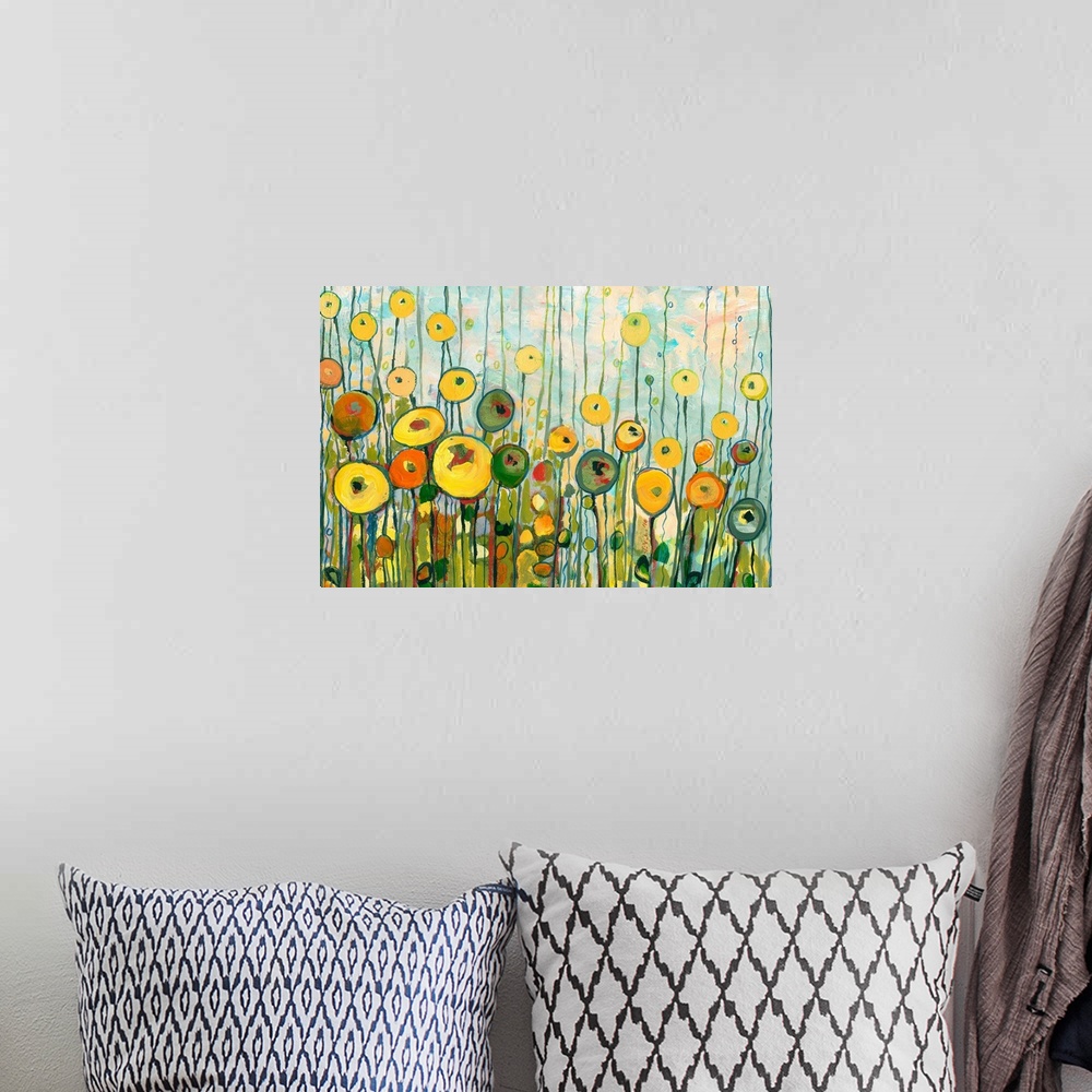 A bohemian room featuring Still life painting of floral pods reminiscent of olives in this abstract landscape.