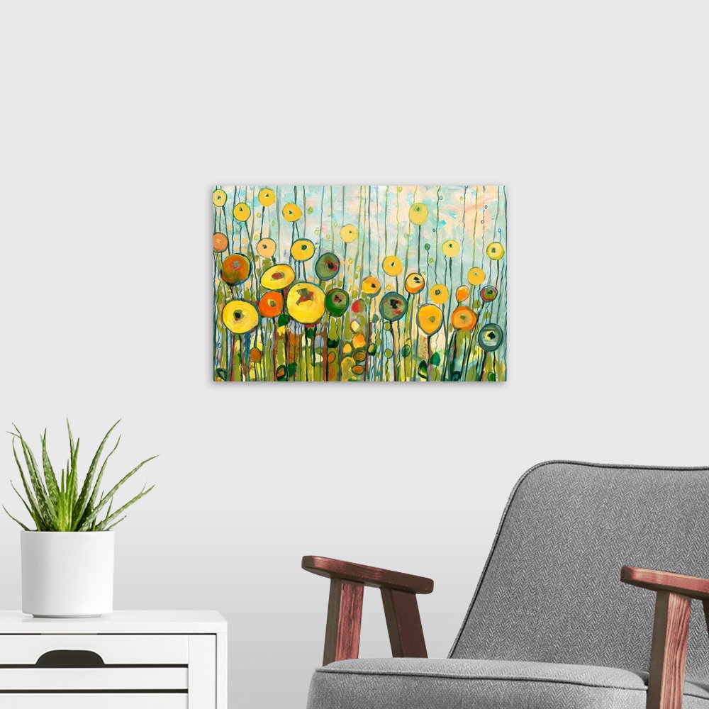 A modern room featuring Still life painting of floral pods reminiscent of olives in this abstract landscape.