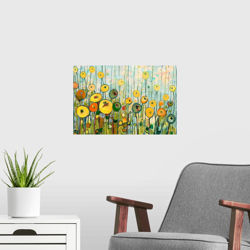 A modern room featuring Still life painting of floral pods reminiscent of olives in this abstract landscape.