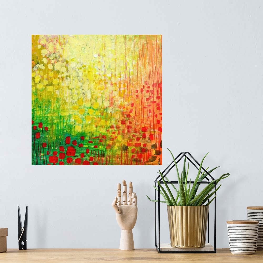 A bohemian room featuring Giant contemporary art includes a vibrantly colored background filled with small square and recta...