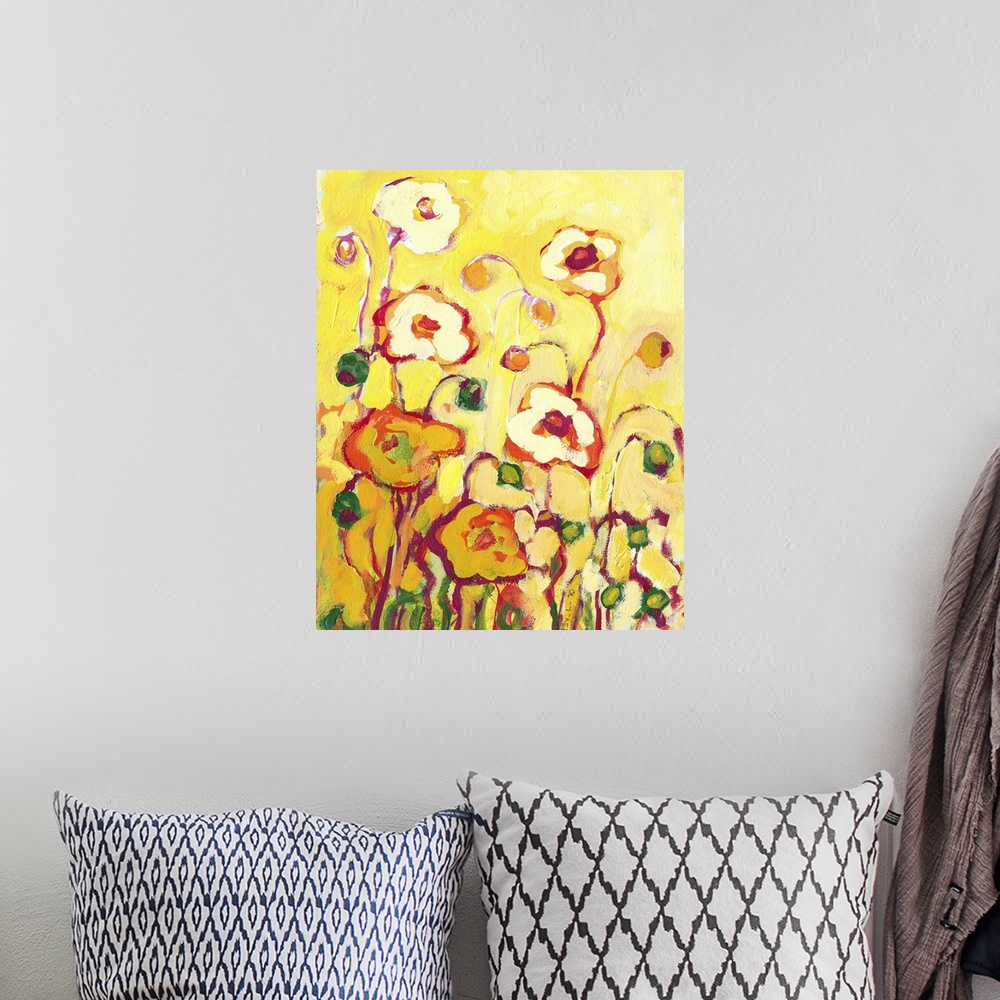 A bohemian room featuring Contemporary painting of bright flowers reaching up to a bright sunny sky.