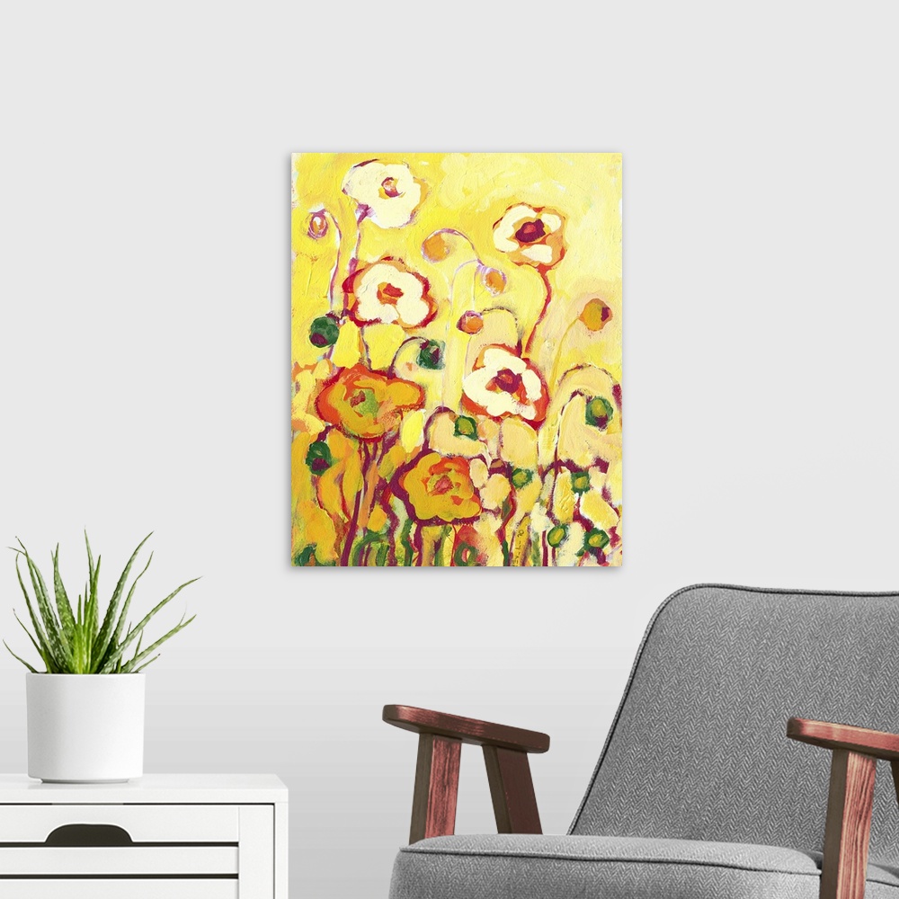 A modern room featuring Contemporary painting of bright flowers reaching up to a bright sunny sky.