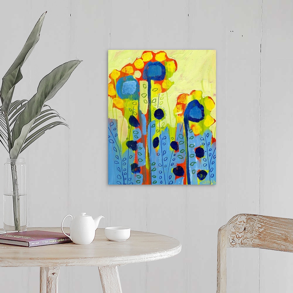 A farmhouse room featuring Portrait, abstract painting of several tall flowers with circular shapes used for petals and leav...