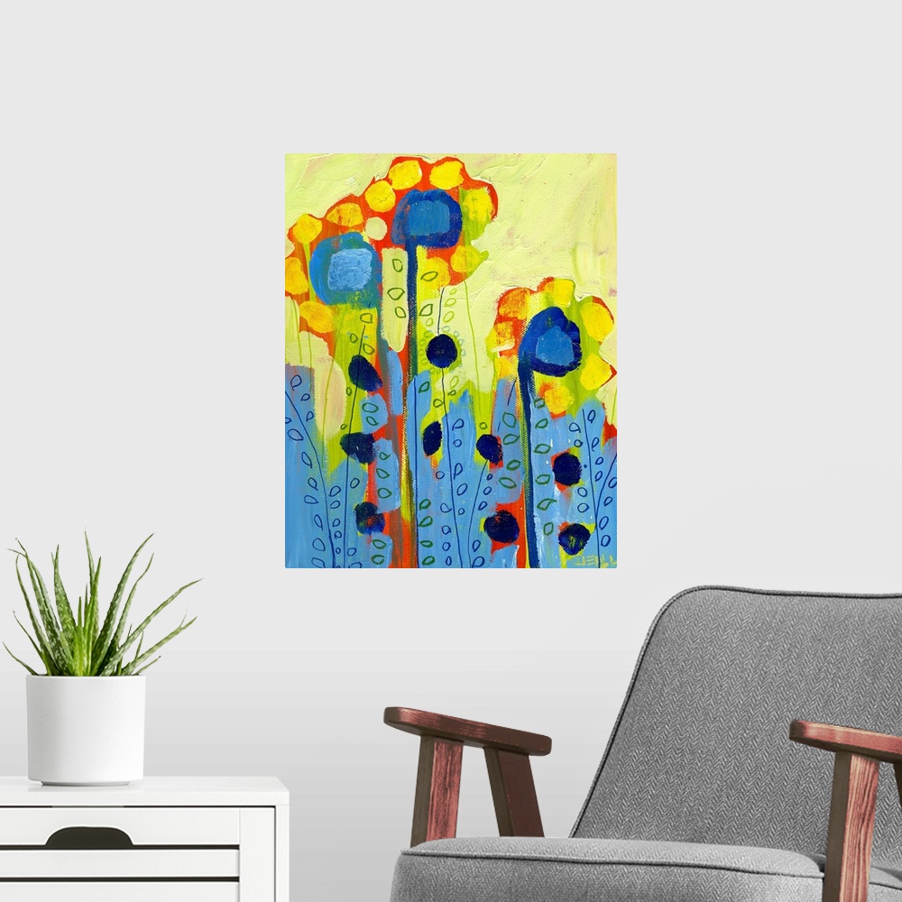 A modern room featuring Portrait, abstract painting of several tall flowers with circular shapes used for petals and leav...
