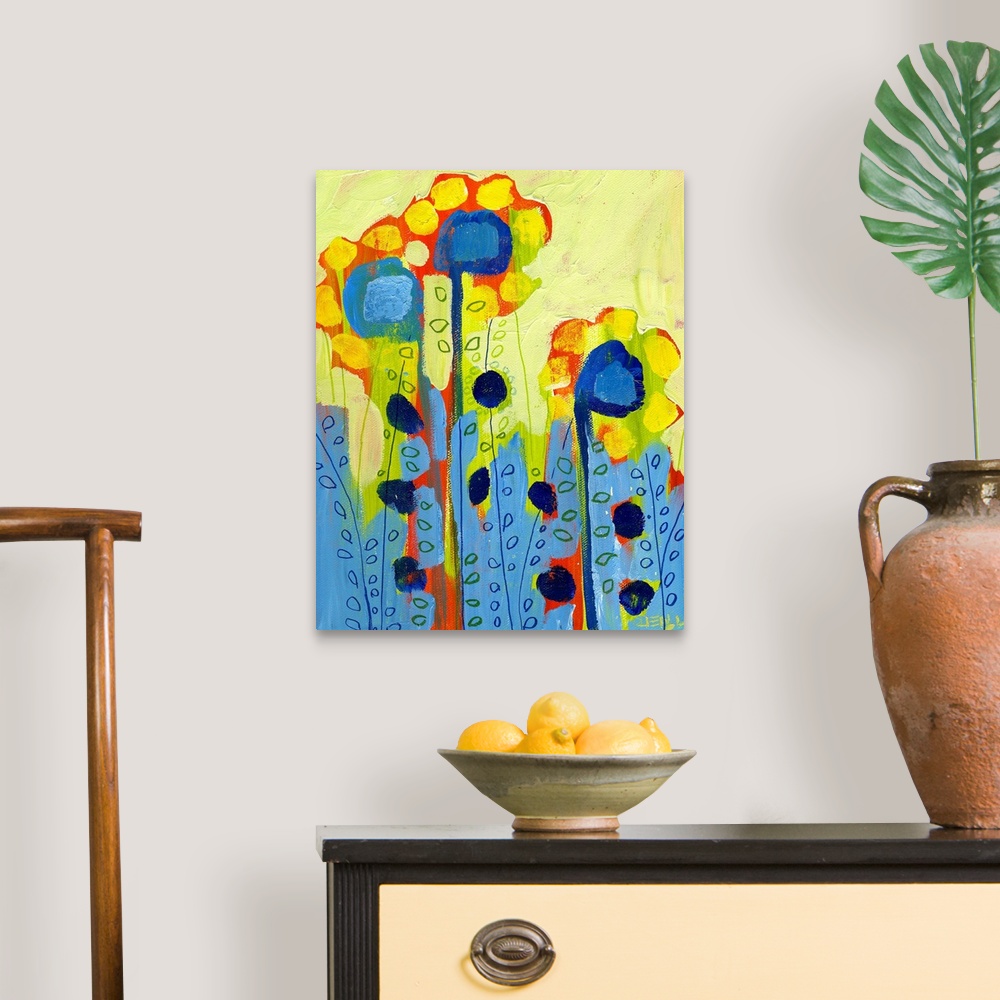 A traditional room featuring Portrait, abstract painting of several tall flowers with circular shapes used for petals and leav...