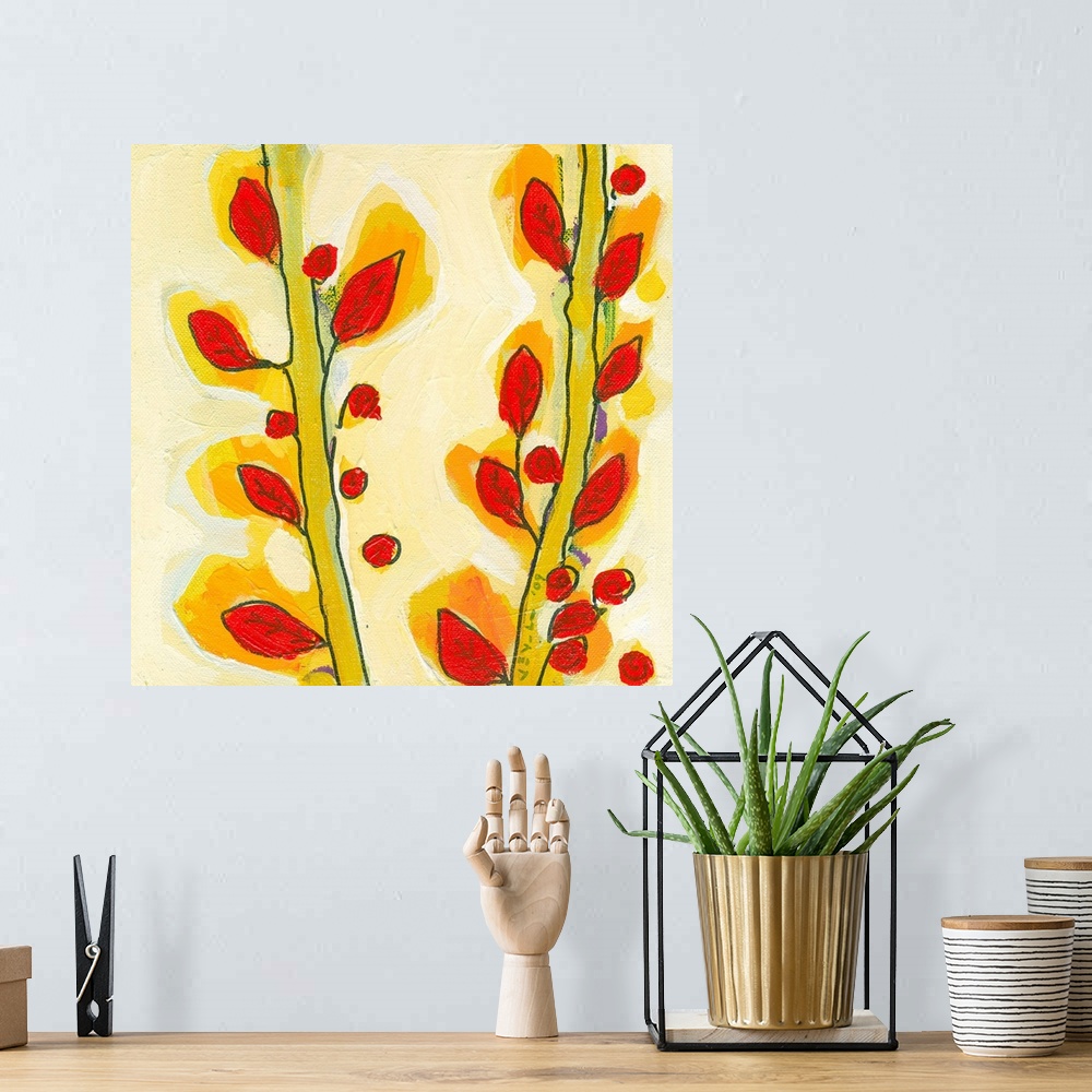 A bohemian room featuring Contemporary art piece of two plant stalks with small leaves sticking out of the sides.